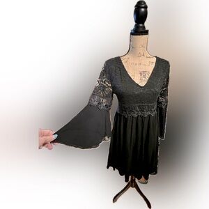 Little Black Dress Sheer Lace Bell Sleeve MIDI Easel Size M Goth Romance